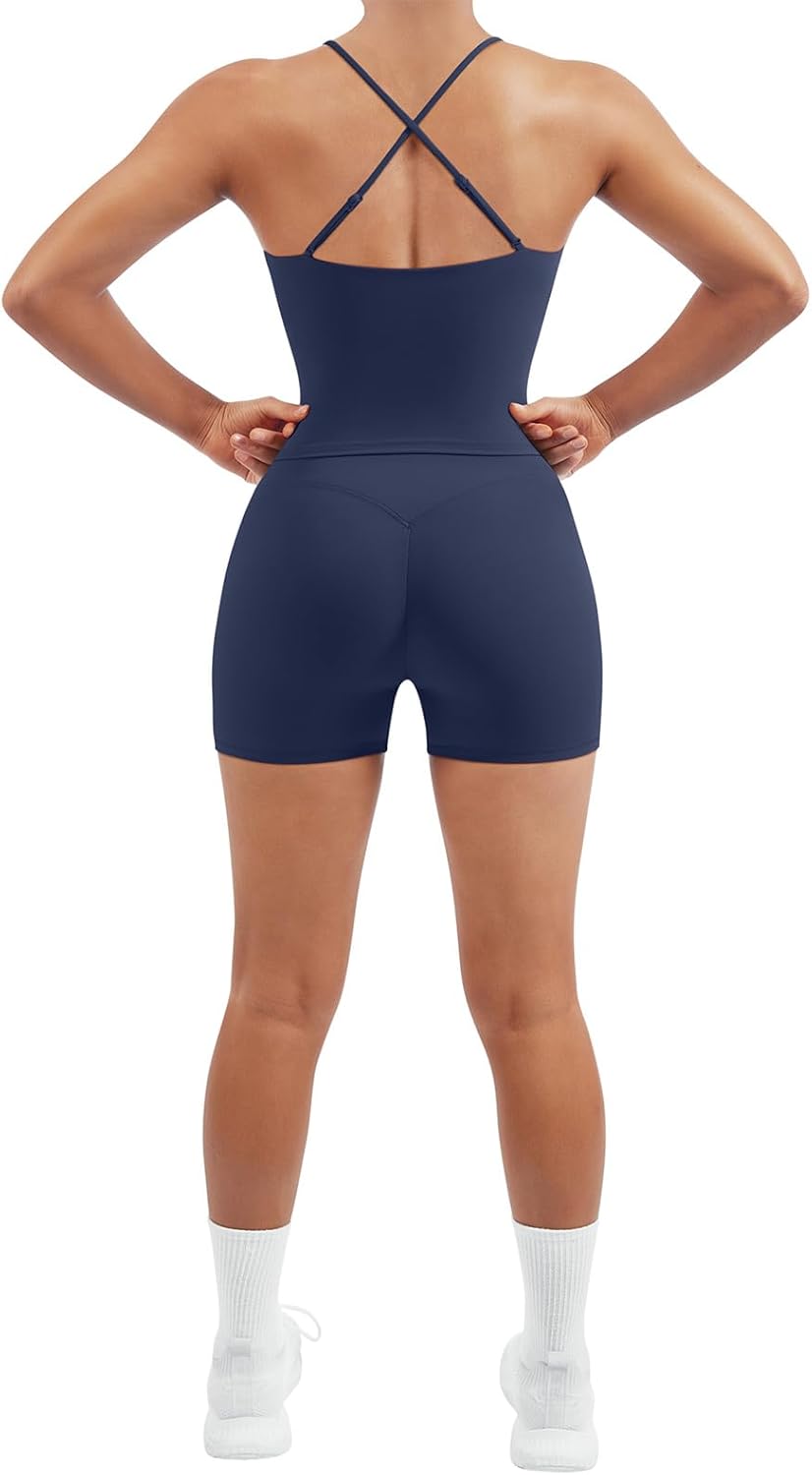 SUUKSESS Women 2 Pieces Workout Sets Padded Adjustable Straps Camis High Waist Biker Shorts