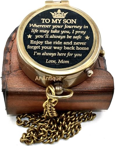 Brújula de Bolsillo Vintage de Latón para Regalo a Hijo de Mamá | Grabada 'To My Son, Love Mom' con Estuche de Cuero | Regalo Significativo para Cumpleaños, Graduación y Boda miniatura 1