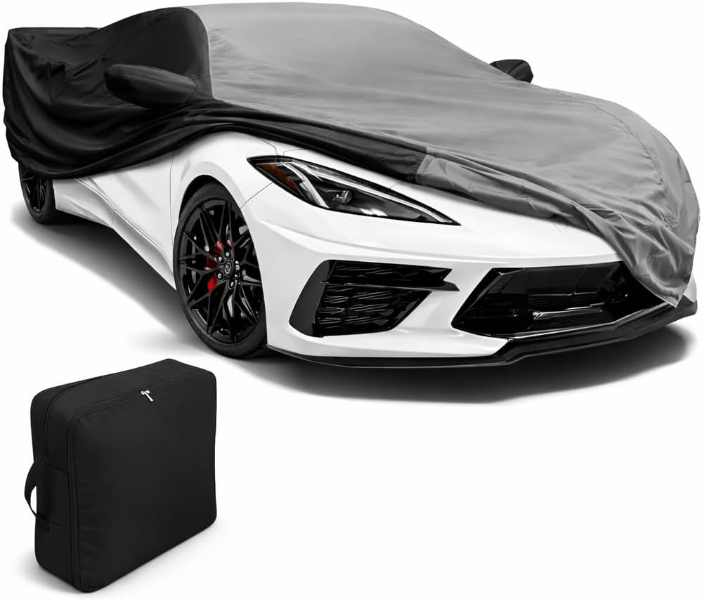 SR1 Performance USA C8 Corvette Car Cover - Custom Fit Outdoor/Indoor Ultraguard Plus Water Resistant 300 Denier UV & Rain Protection for 2020-2026 Stingray, Z51, Z06, E-Ray Corvettes (Gray/Black)