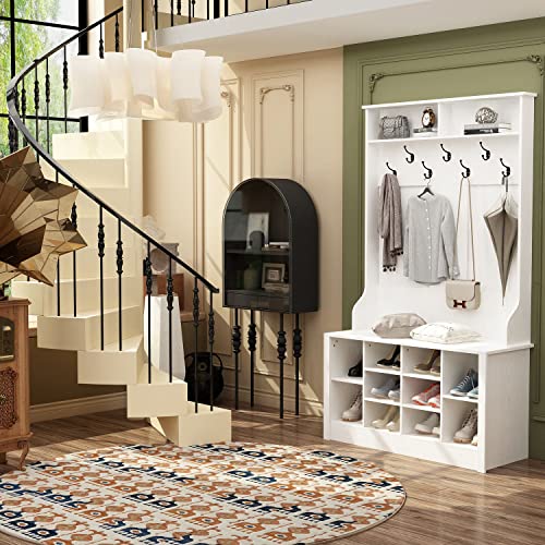 Famapy Hall Tree With Storage Bench, 3-In-1 Entryway Bench With Coat Rack, Hall Tree With Bench And Shoe Storage, Open Shelves And Hanging Hooks, White (39.4”W X 15.7”D X 68.5”H) #TOP2