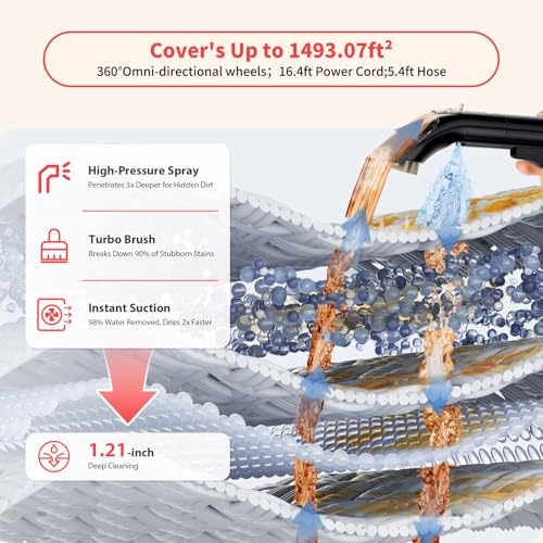 Image of Upholstery Carpet Cleaner, MUJERBAY UltraHeat 12Kpa Portable Spot & Stain, Move with Universal Wheels & Handle, 1.18-inch Deep Cleaning Machine for Couch, Stairs, Car & Pet Messes.
