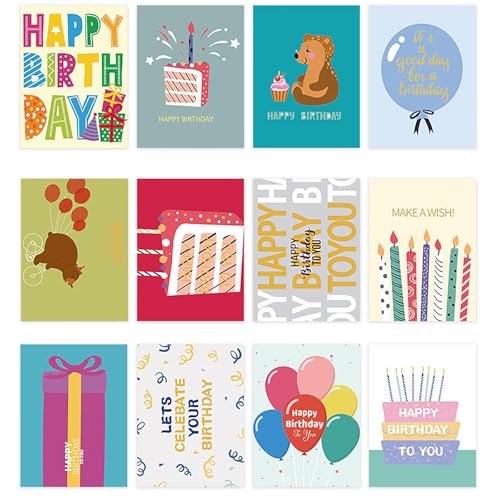 XBOGO 12PCS Birthday Cards Assortment, 4.13x 6.1 Inch 12 Cards with Envelopes and 18PCS Stickers,Congratulation Card Best Birthday for Husband Wife Mother Father Children Boys Girls (Style B)