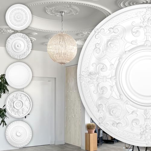 Rosetón de estuco HEXIM Perfect - gran selección de rosetones de techo de espuma dura de PU, robusto, elemento decorativo (B3008 - Ø 715 mm) Medallón de borde de araña para decoración interior