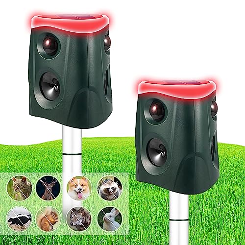 2パック ソーラー動物撃退器 超音波 屋外 犬用撃退器 3面PIRモーションセンサー&アラーム&ストロボライト付き 庭用 360°超音波動物撃退 犬 猫 アライグマ コヨーテ スカンクを撃退