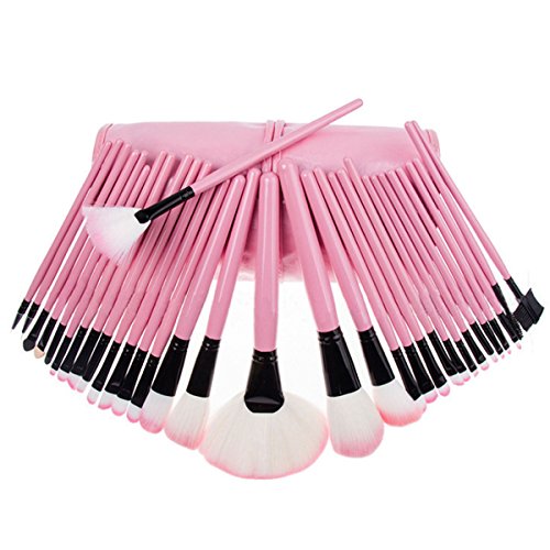 Heidi 32pcs Makeup Brushes Travel Set Professional Foundation Powder Cream Blush Cosmetic Brush Kits with Leather Bag Case Pink