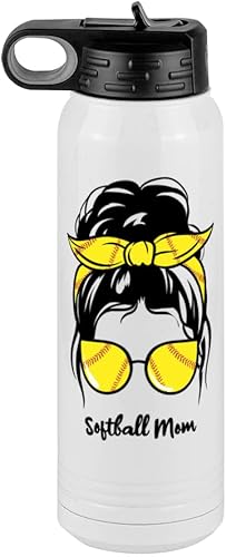 Softball Mom - Botella de agua para mamá, moño desordenado, color blanco de 30 onzas, color camello polar con tapa con pajilla, acero inoxidable,
