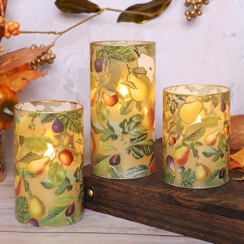 Image of Fall Decor Flameless Candles, Autumn Harvest Berries Led Candles, Glass Battery Candle with Remote Timer, Maple Leaves Pumpkin Pillar Candles for Harvest Festive,Thanksgiving, Halloween