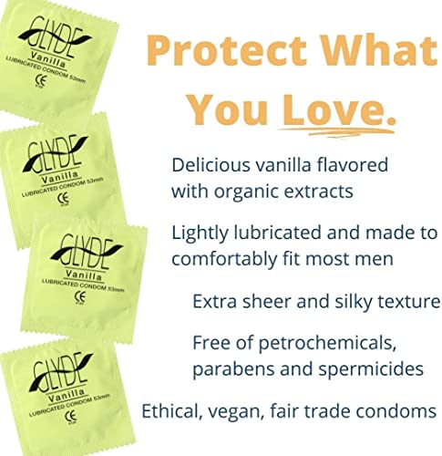 Glyde Vanilla Flavored Ultra Thin Condoms - 100 Count - Organic Flavor Extract, Ultra-Thin, Vegan, Non-Toxic, Medium, Natural Rubber Latex, 53Mm Yummy Standard Fit #TOP3