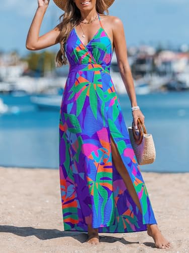 Image of CUPSHE Women Halter Backless Summer Dresses Spaghetti Strap Side Slit Casual Beach Sundress Holiday Vacation Maxi Dress