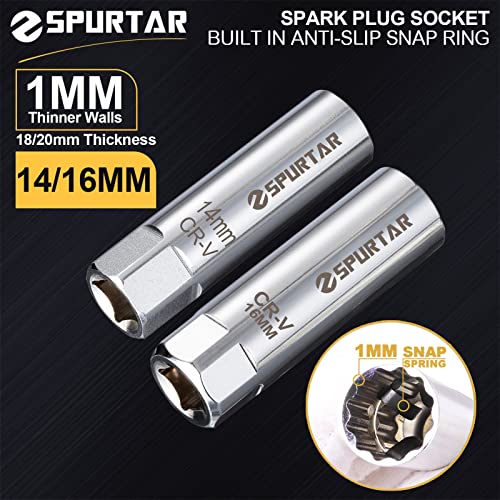 Image of Spurtar 14mm 16mm Spark Plug Socket Set Thin Wall 12-Point 3 /8-Inch Drive