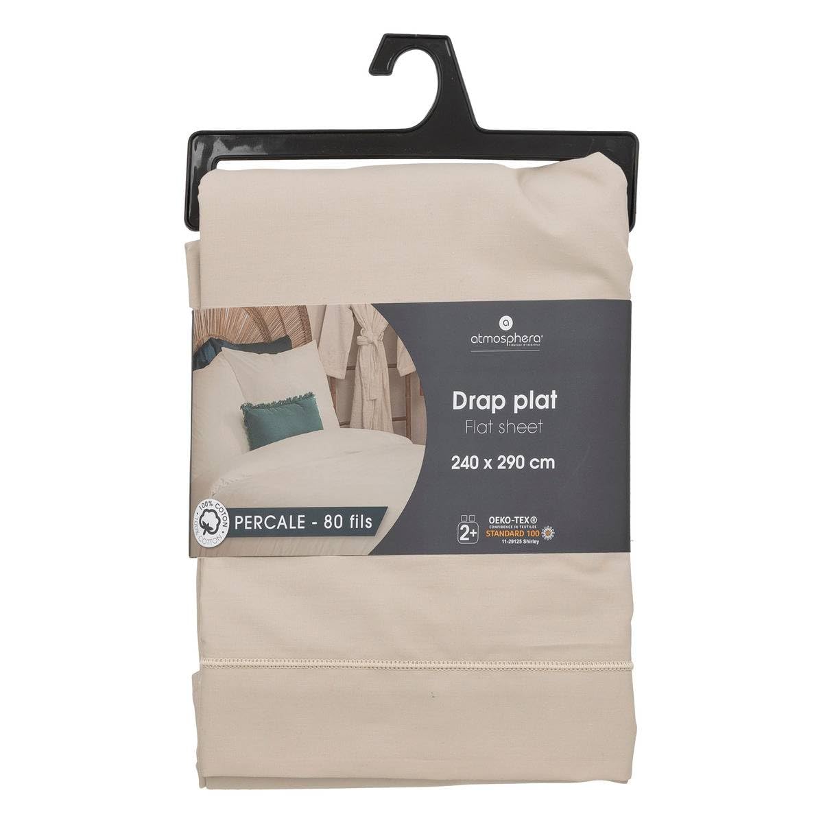 Drap Plat - Percale - Beige Lin - 240x290 cm - Atmosphera créateur d'intérieur