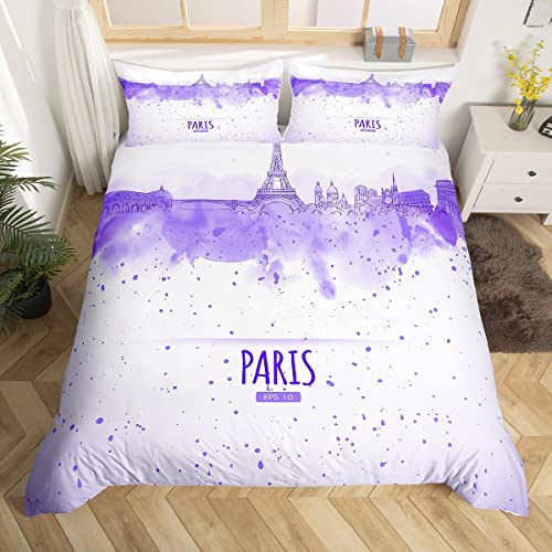Acuarela París Consolador Covet 155 x 220 cm, Torre Eiffel púrpura, funda nórdica con 1 funda de almohada, 2 piezas, juego de ropa de cama de poliéster de chica romántica para niños, adolescentes