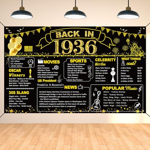 Image of DARUNAXY 90th Birthday Black Gold Party Decoration, Back in 1936 Banner 90 Year Old Birthday Party Poster Supplies, 6x3.6ft Large Fabric Vintage 1936 Backdrop Photography Background for Men and Women
