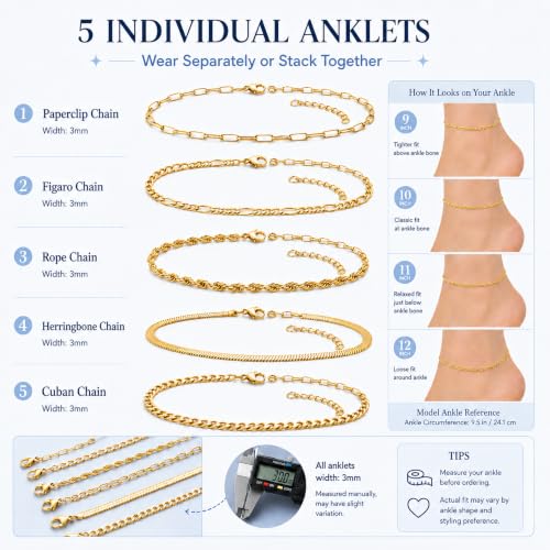 Image of AOZEL Gold /Silver Plated Anklet Bracelets for Women Waterproof Plus Size Cuban Link Chain Ankle Bracelet for Large Ankle 9-12inch
