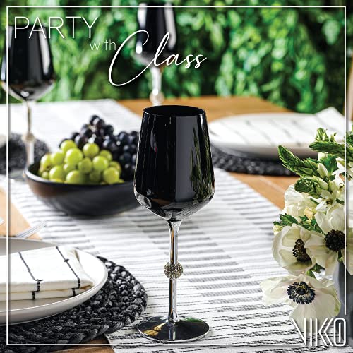 Vikko Décor Black And Silver Wine Glasses: 14.2 Oz Wine Tasting Glass – Decorative Wine Glass With Diamante Accented Stem – Fancy Stemmed Wine Glasses Set Of 6 – 9.2” X 2.4” Stemware #TOP2