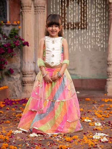 Image of Pspeaches Girls 3-Piece Halter Neck Sleevless Georgette Lehenga, Choli & Dupatta