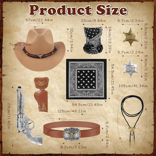 Cowboy Kostüm Herren Komplett Set: FICOFISE 10 Stück Western Outfit für Erwachsene & Teens mit Cowboy Hut u.a. – Umfassendes Cowboy Zubehör für Mottopartys, Valentinstag, Karneval