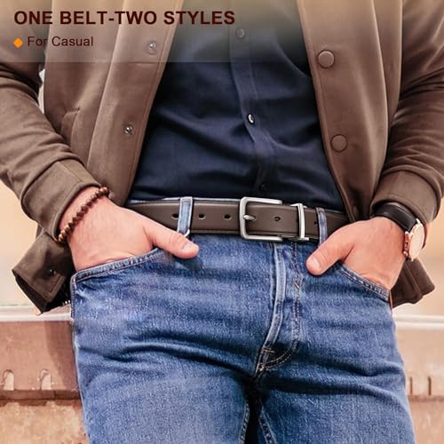 Image of CIMONI Reversible Leather Belt for Men | Genuine Leather & Vegan Leather Pin Buckle Belt | Classic Black /Brown Adjustable Belt for Formal, Business, Office & Casual Wear
