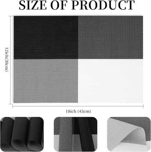 Image of Placemats Set of 6 Dining Table Place Mats | Placemats Table Mat PVC Material | Non-Slip Heat Resistant | Dining Tablemates Washable Anti-Skid | Size 45 x 30cm (Black White Lattice Block)