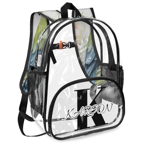 Personalized Small Clear Backpack Stadium Approved Heavy Duty PVC Plastic Custom Jungle Parrot Transparent Backpacks See Through Bag with Name, Tropical Leaves and Flowers2