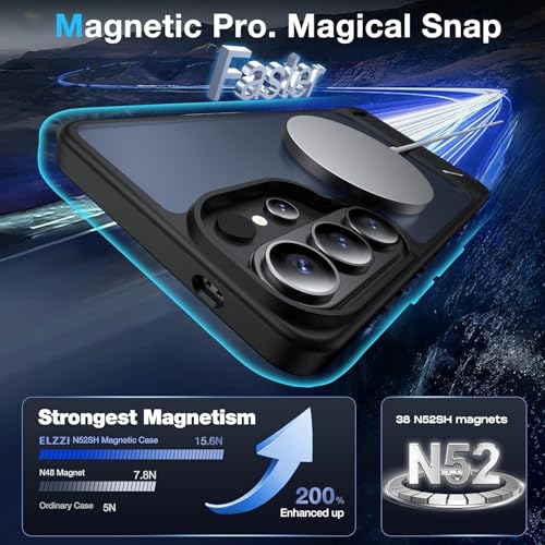Image of Elzzi Magnetic Magsafe for Samsung Galaxy S26 Ultra Ultra Case [Compatible with MagSafe][Full Camera Protection][Built-in Invisible Kickstand] Translucent Matte Phone Back Cover - Black