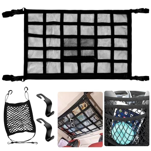 Cargo Net for Van 90 x 65 cm Adjustable Car Ceiling Storage Net with Zipper 3 Layer Durable Mesh Seat Storage Bag Universal for Van/SUV/Campervan/Jeep Camping Travel Easy to Install & Safe
