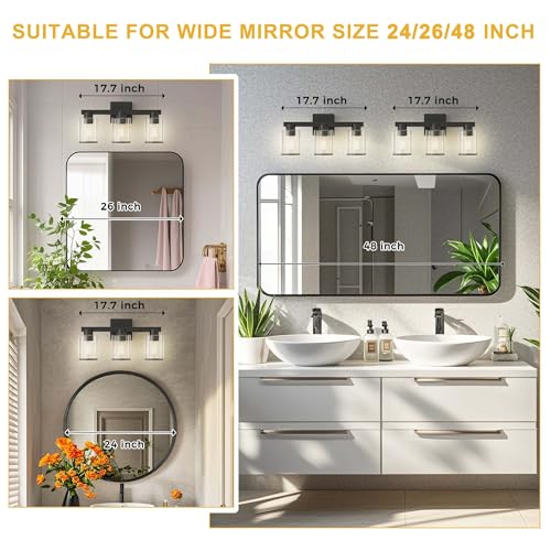 Image of L LOHAS LED Black Bathroom Light Fixtures, 3 Lights Bathroom Vanity Light with Clear Glass Shade, Modern Vanity Lights for Living Room Hallway