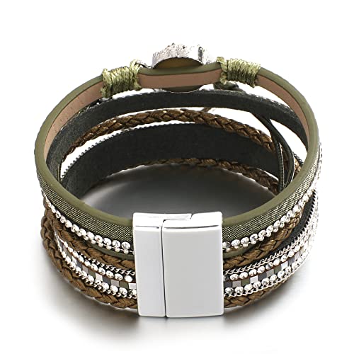 Hotoo Leather Wrap Bracelet For Women Amy Green Beaded Cuff Bracelet With Heart-Shape Decor Bohemian Crystal Bracelet Jewelry With Clasp Bangle Bracelet For Women Girls Birthday Holiday Gift #TOP3