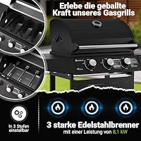 Juskys Gasgrill Louisiana 3 Brenner 8,1 kW – BBQ Grillwagen mit Deckel, Grillrost & Warmhalterost, Grill mit Thermometer, Seitenablagen & Abdeckplane – Ansicht 2