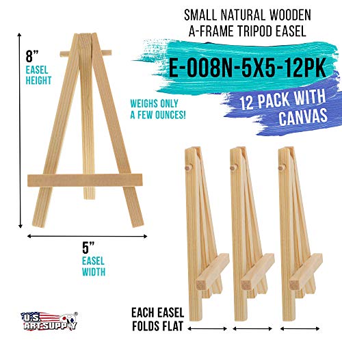 U.S. Art Supply 5" x 5" Stretched Canvas with 8" Mini Natural Wood Display Easel Kit (Pack of 12), Artist Tripod Tabletop Holder Stand - Painting Party, Kids Crafts, Oil Acrylic Paints, Signs, Photos - Thumbnail 2