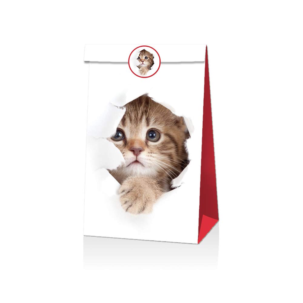 24 Sacchetti Regalo Di Carta A Tema Gatto - 6 Design Con Adesivi - Per Caramelle, Piccoli Regali E Feste Di Compleanno