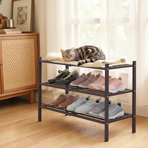 Image of Smiry Bamboo Shoe Rack, 5 Horizontal Slats, 3 Tier - 26.8 inch Wide, Brown