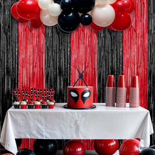 Image of KatchOn Red and Black Fringe Curtain - 6.4x8 Ft Pack of 2 | Red and Black Streamers for Casino Theme Party Decorations | Foil Fringe for Anniversary, Bachelorette | Graduation Decorations 2026
