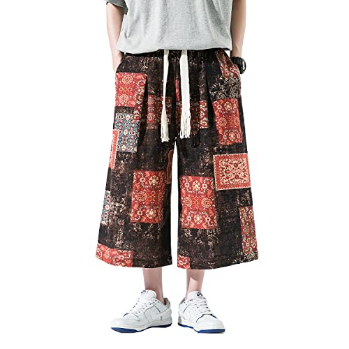 Seidarise Men's Harem Capri Pants Wide Leg for Summer Yoga Homewear Floral Print Elastic Wasit Pockets Trousers