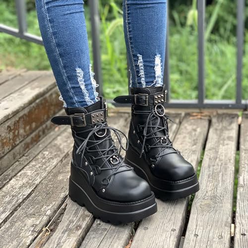 Women Wedge Ankle Boots Lace-Up Zip Round Toe High Heels Goth Combat Booties Chunky Heel Platform Motorcycle Boots4