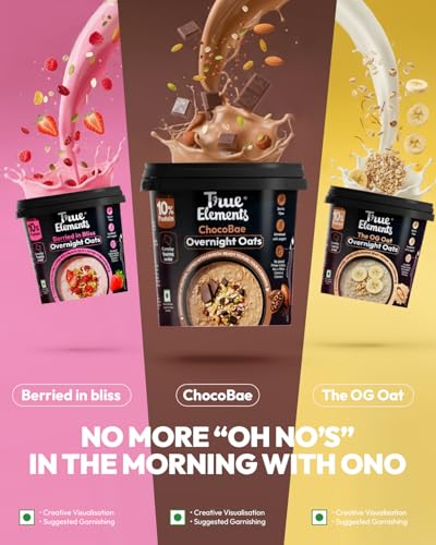 Image of True Elements Overnight Oats Choco Bae 62g Pack of 3 | Ready-to-Eat Breakfast | High Protein, Fibre & Chocolate Flavour | Healthy Instant Oats Snack