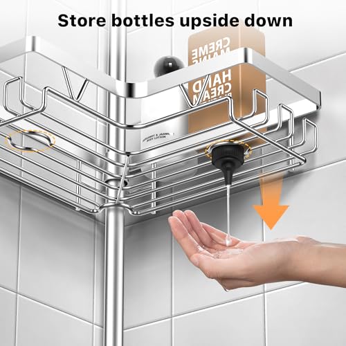 Image of KEGII Shower Caddy Tension Pole with 2 Towel Bars, Adjustable Corner Bathroom Organizer, Rustproof Bathtub Storage Shelves for Shampoo, 25-114.2 Inch Shower Rack for Renters & Family, Silver