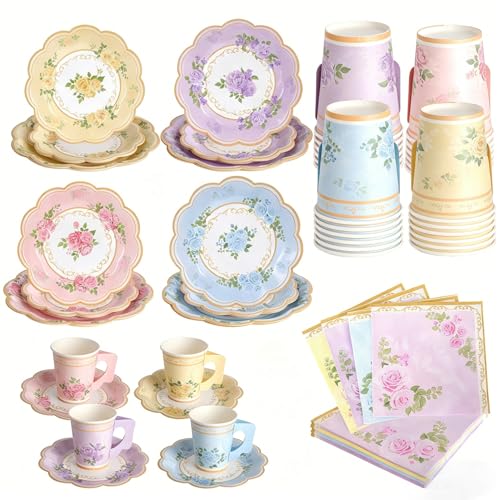 COSINIA Floral Tea Party Supplies 96 PCS Heavy-Duty Paper Plates with Handle Cups and Napkins 7 Dessert 9 Dinner Plates Leak-Proof Disposable Tableware for Bridal Shower Garden Party