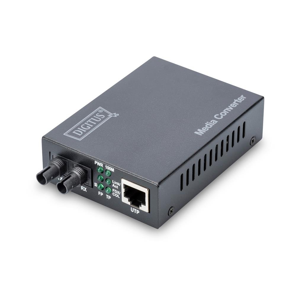 DIGITUS Medienkonverter – RJ45 zu ST Duplex – Multimode – 100 Mbit/s Fast Ethernet – 1310 nm Wellenlänge – Bis 2 km Reichweite– Kupfer auf Glasfaser – Schwarz