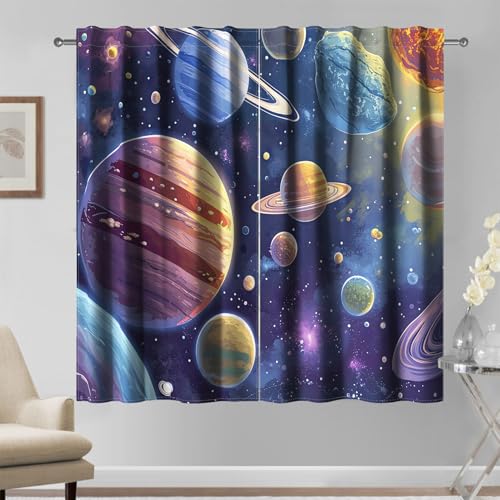 Kzzfqxb 117×138cm Cortinas Planet, Cortinas de Drape con Estrellas del Sistema Solar y Galaxia, 2 Paneles para Niños, Cortinas de Ventana para el Dormitorio y la Sala de Estar