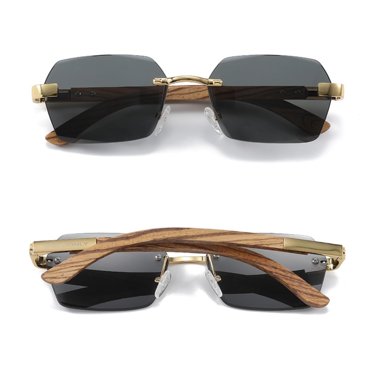 Gafas de sol de madera sin montura - Gafas de sol de moda con montura de metal y funda de bambú para hombre y mujer Regalos perfectos
