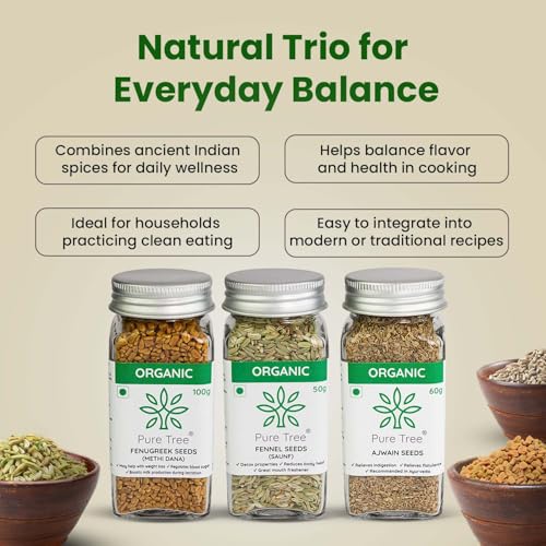 Image of Pure Tree Certified Organic Ajwain 60g, Methi Seeds 100g, Saunf 50g | Glass Jar | Carom, Fenugreek & Fennel | Whole Seeds Vaamu, Methi dana, Variyali Spice Combo Pack