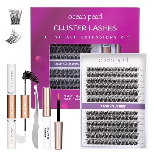 OCEAN PEARL Lot de 144 extensions de cils artificiels 10-16 mm DIY Curl avec pinceau à mascara, colle à cils, applicateurs de cils pour débutants DM01