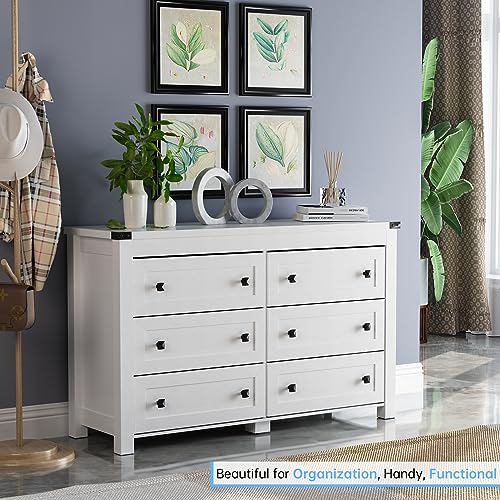 Image of HUANLEGO White Dresser for Bedroom with 6 Drawers, Modern Chest of Drawers, Wood Rustic Wide Storage Drawers Dressers Organizer for Closet, Living Room, Hallway
