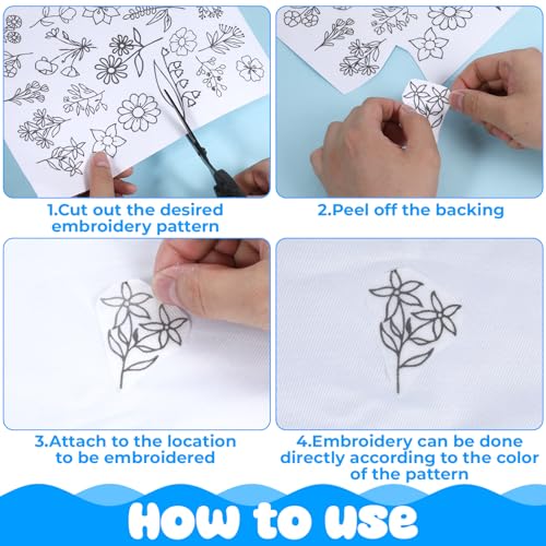 Image of 2 Sheets 39 PCS Water Soluble Embroidery Patterns, Stick and Stitch Embroidery Designs, Stick and Stitch Stencil Hand Stitching for Sewing Enthusiasts and Beginners, Large Flowers and Leaves