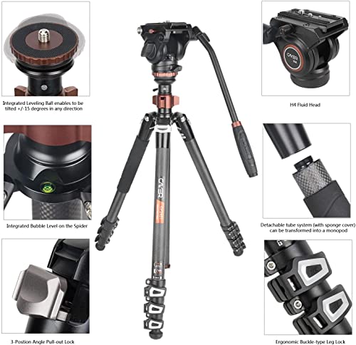 Cayer CF2451 Trépied vidéo 67 Pouces en Fibre de Carbone avec tête de traînée Fluide, trépied DSLR Compact à 4 Sections Convertible en Monopode, pour Appareil Photo Reflex numérique Canon Nikon Sony - Image 4