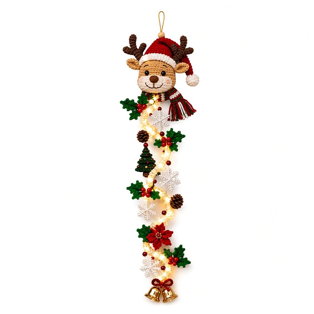 Yarn Christmas Door Hanger Lighted Knit Snowman Santa Reindeer Farmhouse