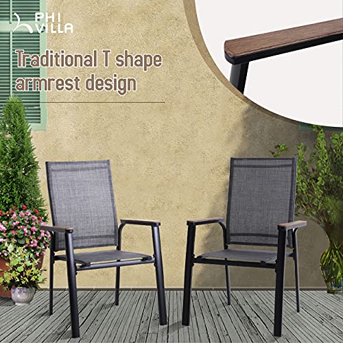 Phi Villa Outdoor Patio Dining Set Of 7, Garden Furniture With 1 60"X38" Rectangle Wood-Like Metal Table & 6 Aluminum Stackable Textilene Chairs, Patio Sets For Deck Porch Restaurant #TOP2