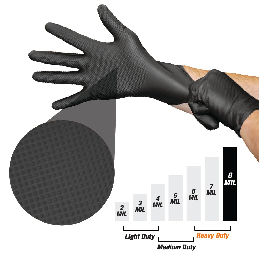 LAUCO Heavy Duty Industrial Black Nitrile Gloves with Raised Diamond Texture, 8-mil, Latex Free, Powder Free (1, Large (Pack of 100))