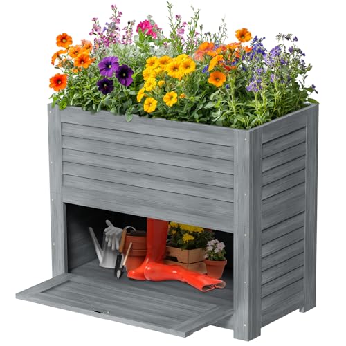 SUNYRISY Hochbeet für Garten mit Stauraum, Holz Hochbeet für Balkon, Outdoor Pflanzkasten Blumenkasten Kräuterbeet, Gartenwerkzeuge Speichern Lagerbox, 85 x 45 x 75 cm, Grau